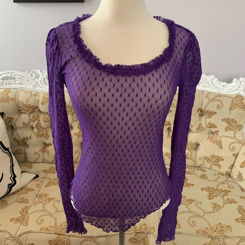 Vintage Betsey Johnson Purple Sheer Long Sleeve Mesh Top - Picture 2 of 5